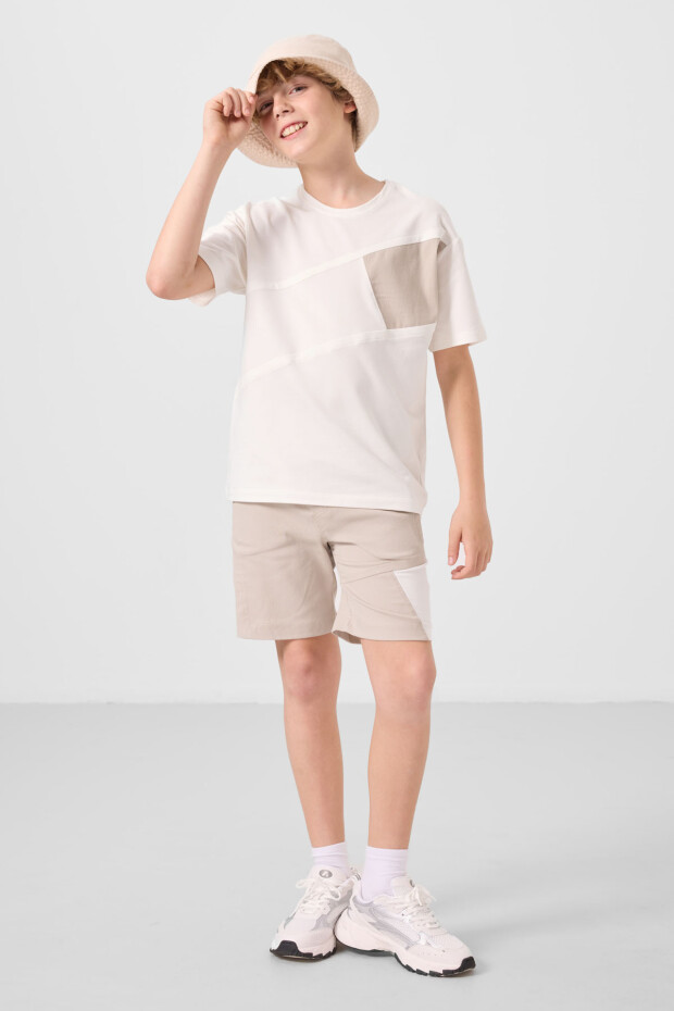 Ekru-Taş Pamuklu Oversize Fit Dokuma Hafif Esnek Chino Erkek Çocuk Şort Takım - 11275 - 4