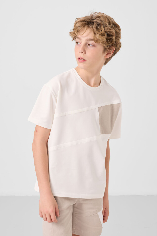 Ekru-Taş Pamuklu Oversize Fit Dokuma Hafif Esnek Chino Erkek Çocuk Şort Takım - 11275 - 5