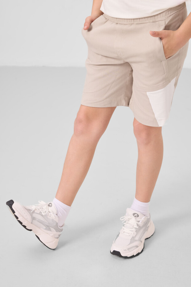 Ekru-Taş Pamuklu Oversize Fit Dokuma Hafif Esnek Chino Erkek Çocuk Şort Takım - 11275 - 2