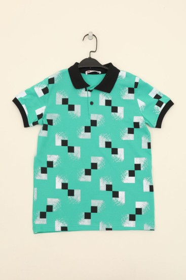 Tommy Life Square Pattern Polo Light Green Boys T-Shirt - Thumbnail