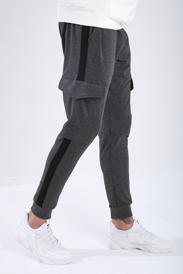 Men's Cargo Pockets Standard Fit Cuffed Anthracite-Melange Tracksuit Bottom - 84797