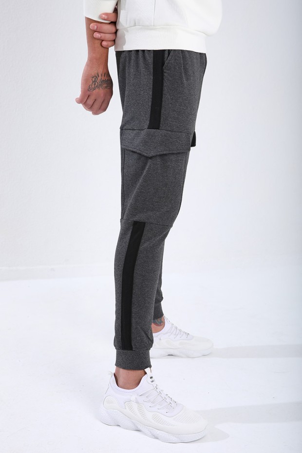 Men's Cargo Pockets Standard Fit Cuffed Anthracite-Melange Tracksuit Bottom - 84797
