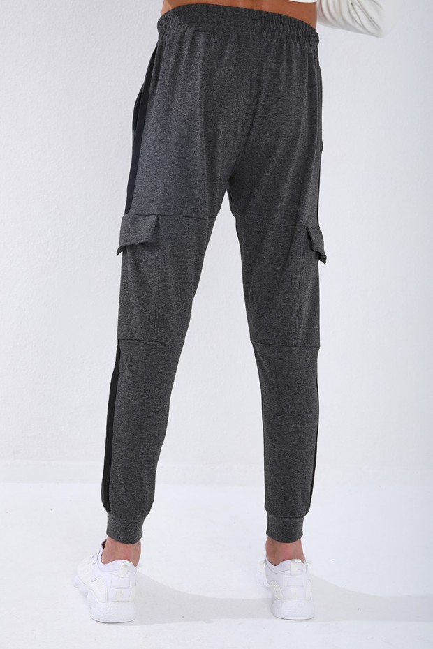 Men's Cargo Pockets Standard Fit Cuffed Anthracite-Melange Tracksuit Bottom - 84797