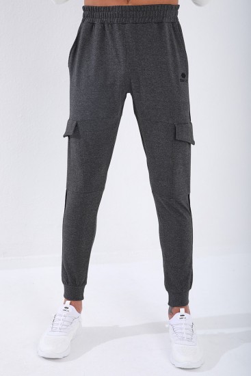 Men's Cargo Pockets Standard Fit Cuffed Anthracite-Melange Tracksuit Bottom - 84797 - Thumbnail