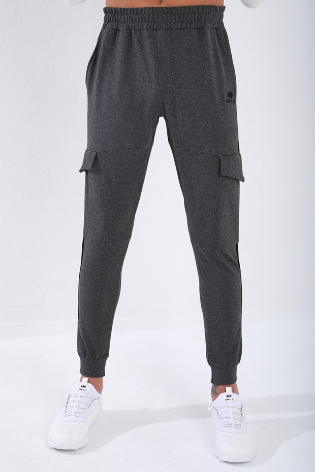 Men's Cargo Pockets Standard Fit Cuffed Anthracite-Melange Tracksuit Bottom - 84797