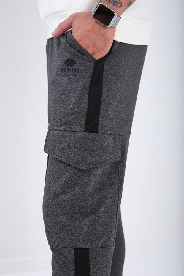 Men's Cargo Pockets Standard Fit Cuffed Anthracite-Melange Tracksuit Bottom - 84797