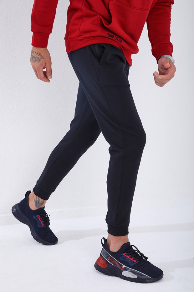 Men's Embroidered Pocket Slim Fit Cuffed Navy Blue Tracksuit Bottom - 84807