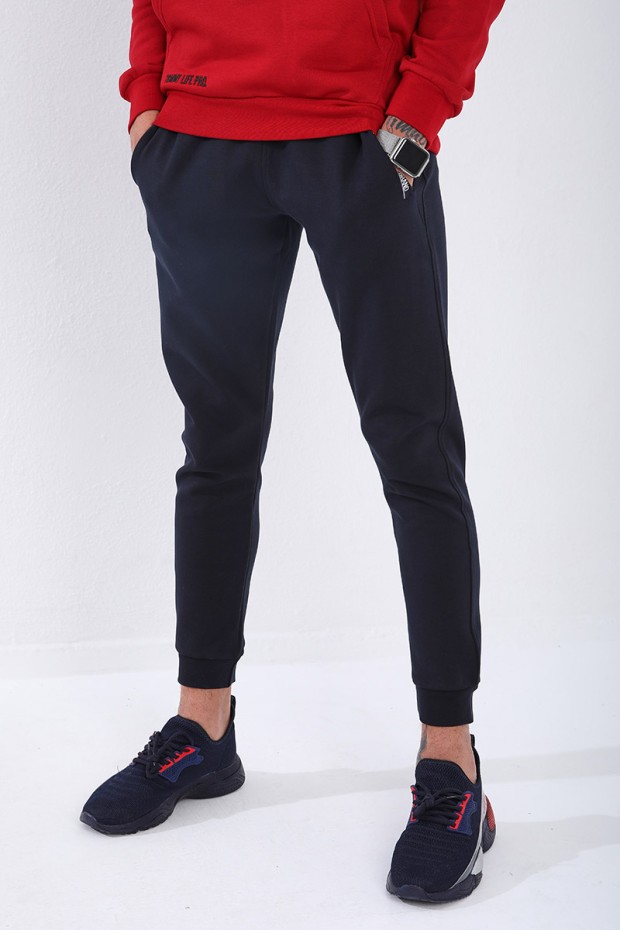 Men's Embroidered Pocket Slim Fit Cuffed Navy Blue Tracksuit Bottom - 84807
