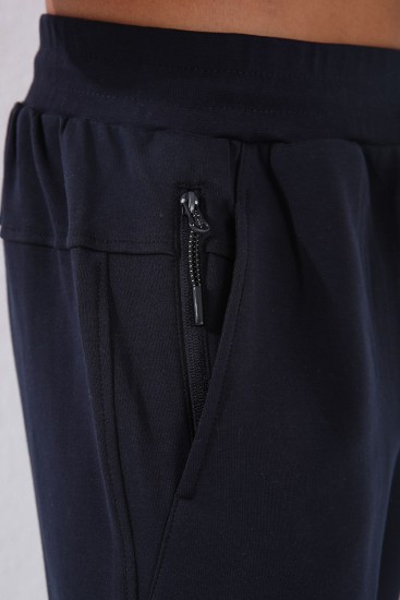 Men's Embroidered Pocket Slim Fit Cuffed Navy Blue Tracksuit Bottom - 84807 - Thumbnail