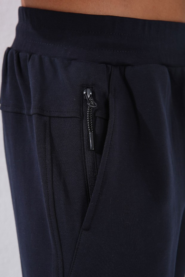 Men's Embroidered Pocket Slim Fit Cuffed Navy Blue Tracksuit Bottom - 84807