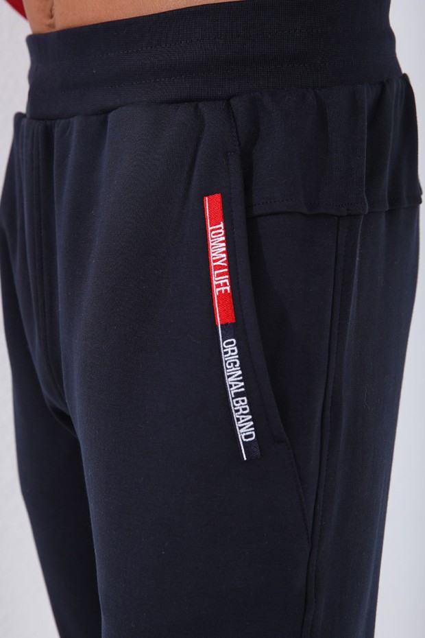 Men's Embroidered Pocket Slim Fit Cuffed Navy Blue Tracksuit Bottom - 84807