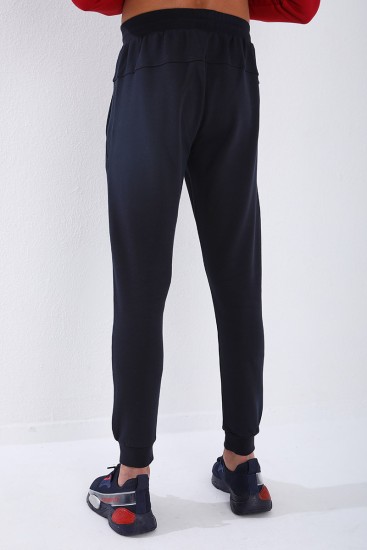 Men's Embroidered Pocket Slim Fit Cuffed Navy Blue Tracksuit Bottom - 84807 - Thumbnail