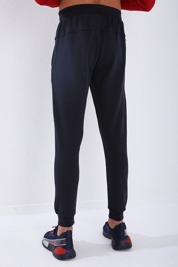 Men's Embroidered Pocket Slim Fit Cuffed Navy Blue Tracksuit Bottom - 84807