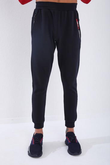 Men's Embroidered Pocket Slim Fit Cuffed Navy Blue Tracksuit Bottom - 84807 - Thumbnail