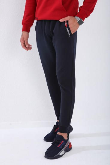 Men's Embroidered Pocket Slim Fit Cuffed Navy Blue Tracksuit Bottom - 84807 - Thumbnail