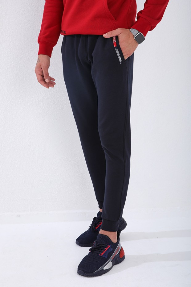 Men's Embroidered Pocket Slim Fit Cuffed Navy Blue Tracksuit Bottom - 84807