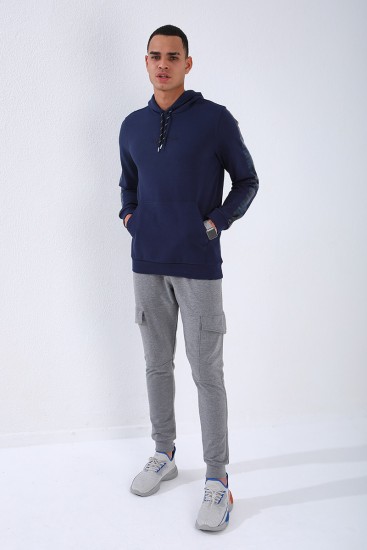 Men's Hooded Kangaroo Pocket Standard Fit Indigo Sweatshirt - 87842 - Thumbnail