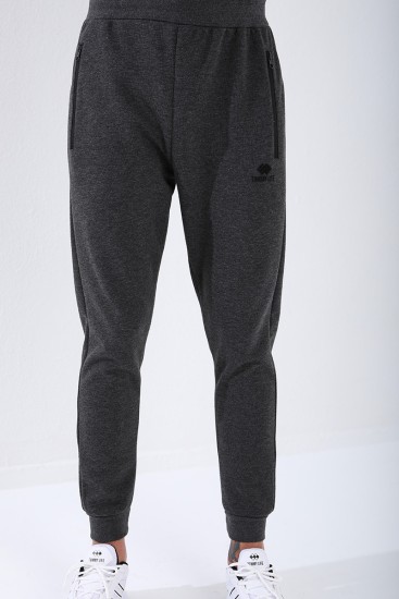 Men's Reverse Zipper Standard Fit Cuffed Anthracite-Melange Tracksuit Bottom - 84702 - Thumbnail