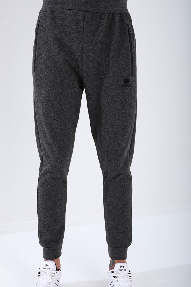 Men's Reverse Zipper Standard Fit Cuffed Anthracite-Melange Tracksuit Bottom - 84702