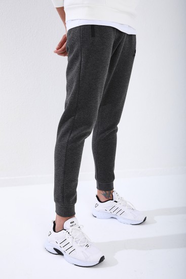 Men's Reverse Zipper Standard Fit Cuffed Anthracite-Melange Tracksuit Bottom - 84702 - Thumbnail