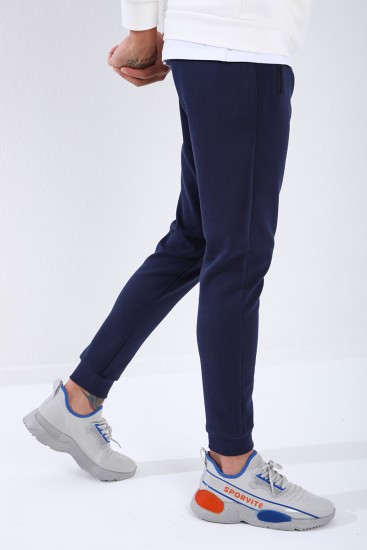 Men's Reverse Zipper Standard Fit Cuffed Indigo Tracksuit Bottom - 84702 - Thumbnail