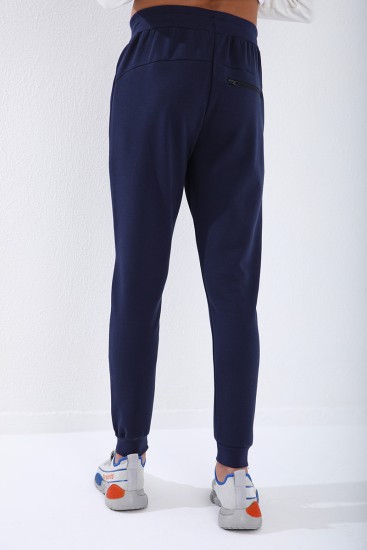 Men's Reverse Zipper Standard Fit Cuffed Indigo Tracksuit Bottom - 84702 - Thumbnail