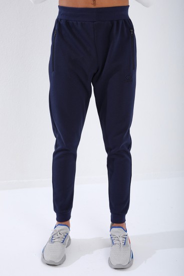 Men's Reverse Zipper Standard Fit Cuffed Indigo Tracksuit Bottom - 84702 - Thumbnail