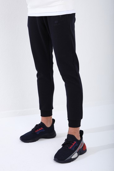 Men's Reverse Zipper Standard Fit Cuffed Navy Blue Tracksuit Bottom - 84702 - Thumbnail