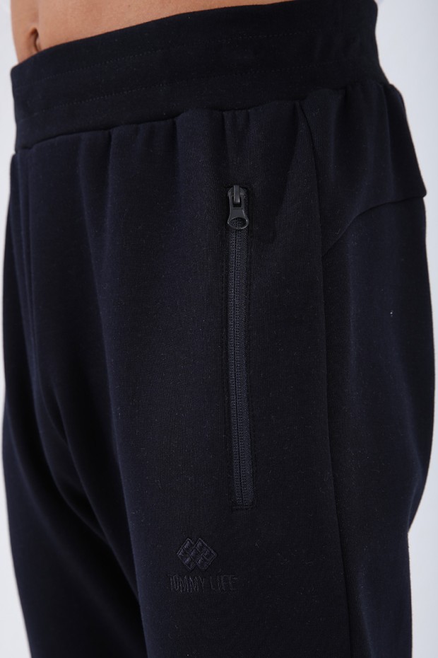Men's Reverse Zipper Standard Fit Cuffed Navy Blue Tracksuit Bottom - 84702