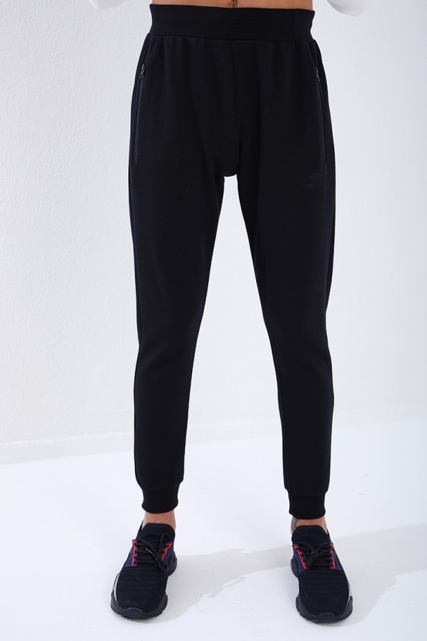 Men's Reverse Zipper Standard Fit Cuffed Navy Blue Tracksuit Bottom - 84702