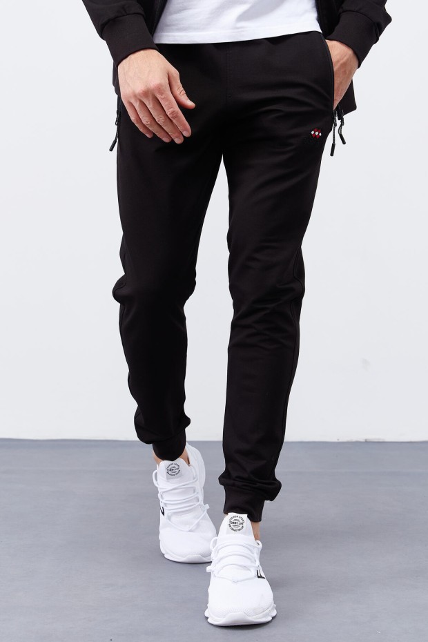 Men's Stand Collar Standard Fit Cuffed Black Tracksuit - 85150