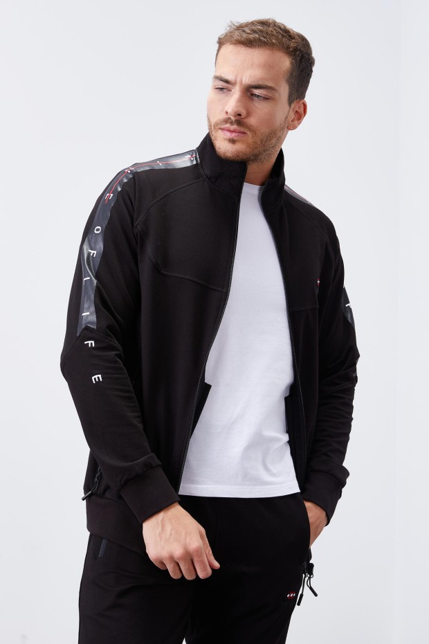 Men's Stand Collar Standard Fit Cuffed Black Tracksuit - 85150