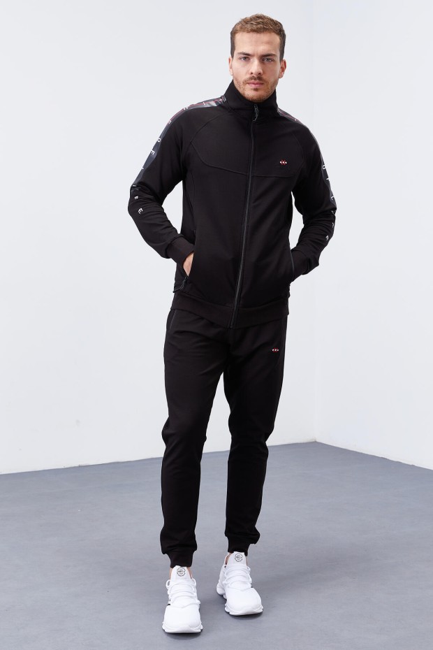 Men's Stand Collar Standard Fit Cuffed Black Tracksuit - 85150