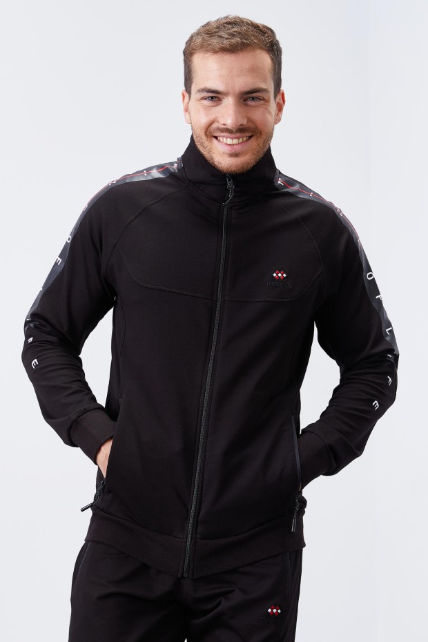 Men's Stand Collar Standard Fit Cuffed Black Tracksuit - 85150