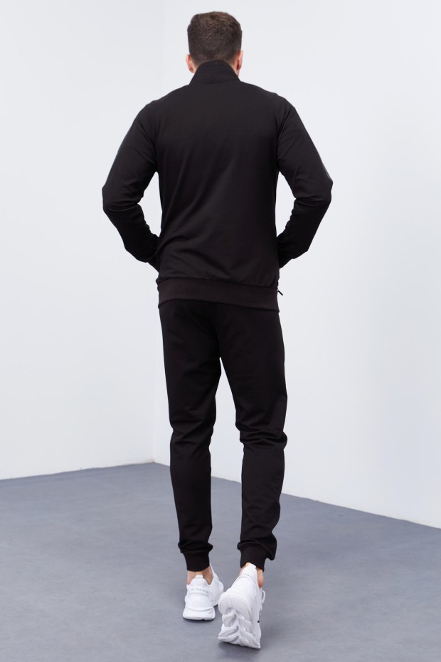 Men's Stand Collar Standard Fit Cuffed Black Tracksuit - 85150