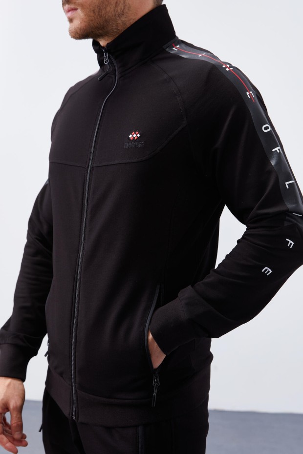 Men's Stand Collar Standard Fit Cuffed Black Tracksuit - 85150