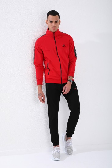 Men's Stand Collar Standard Fit Cuffed Red-Black Tracksuit - 85150 - Thumbnail