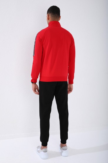 Men's Stand Collar Standard Fit Cuffed Red-Black Tracksuit - 85150 - Thumbnail