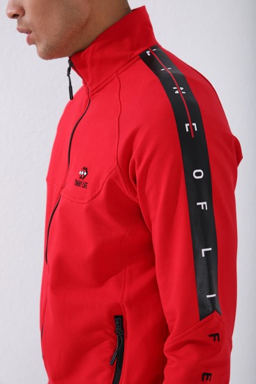 Men's Stand Collar Standard Fit Cuffed Red-Black Tracksuit - 85150 - Thumbnail