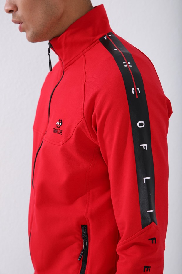 Men's Stand Collar Standard Fit Cuffed Red-Black Tracksuit - 85150