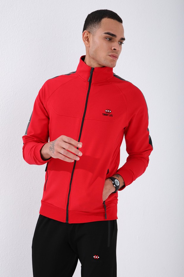 Men's Stand Collar Standard Fit Cuffed Red-Black Tracksuit - 85150