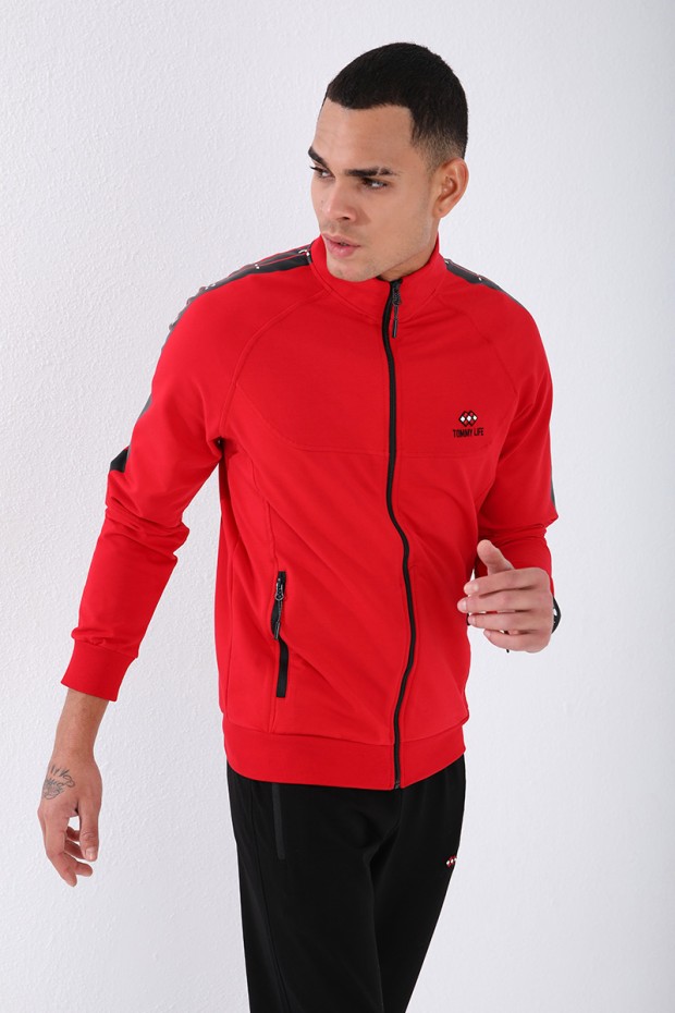 Men's Stand Collar Standard Fit Cuffed Red-Black Tracksuit - 85150