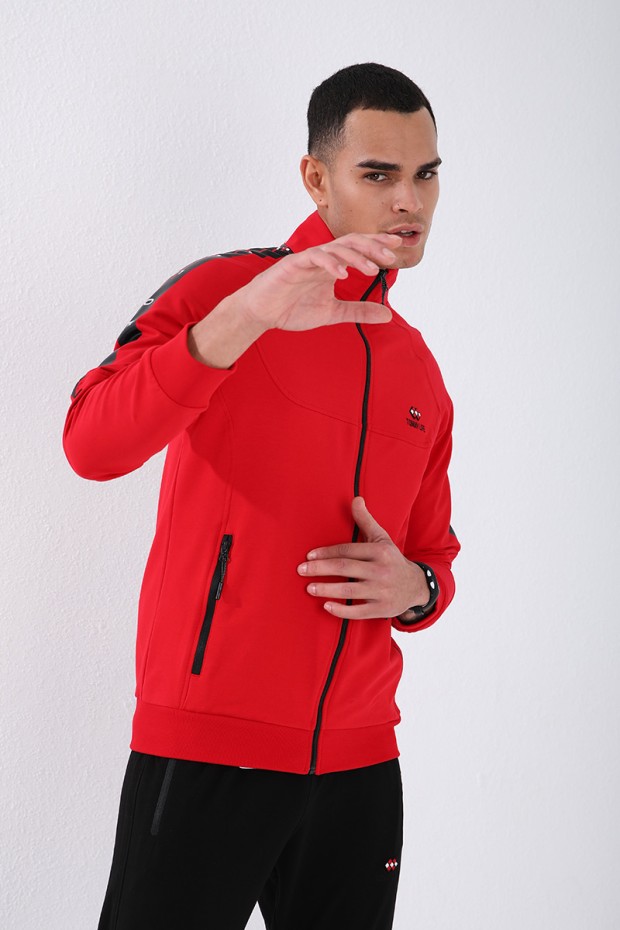 Men's Stand Collar Standard Fit Cuffed Red-Black Tracksuit - 85150