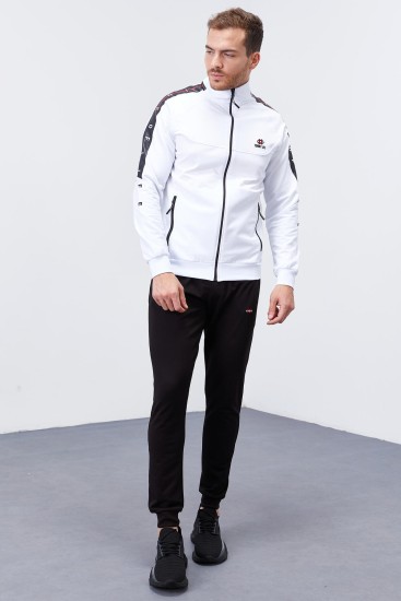 Men's Stand Collar Standard Fit Cuffed White-Black Tracksuit - 85150 - Thumbnail