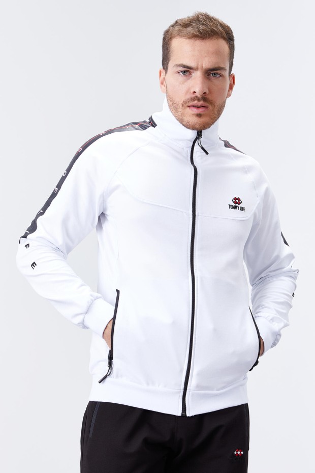 Men's Stand Collar Standard Fit Cuffed White-Black Tracksuit - 85150