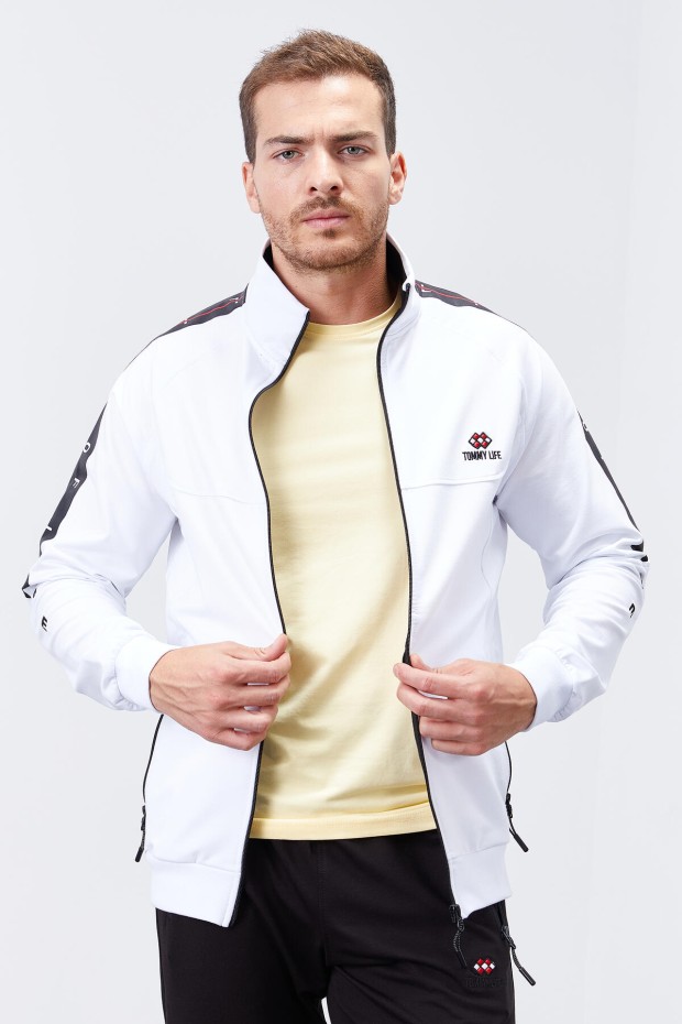 Men's Stand Collar Standard Fit Cuffed White-Black Tracksuit - 85150