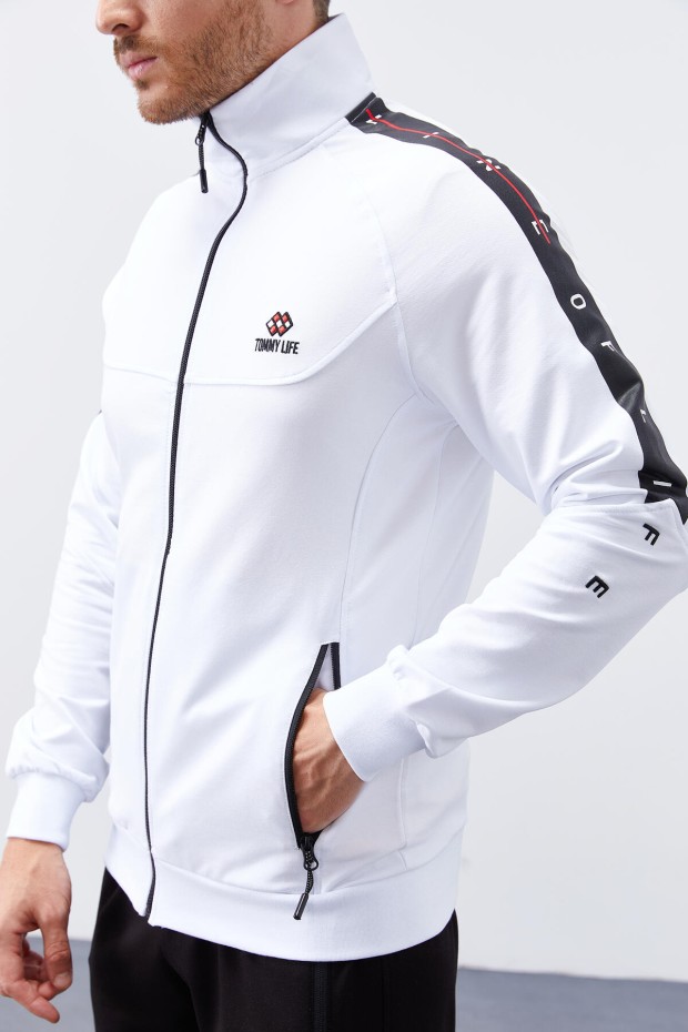 Men's Stand Collar Standard Fit Cuffed White-Black Tracksuit - 85150