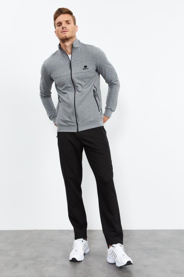 Men's Stand Collar Standard Fit Grey Melange-Black Tracksuit - 85152 