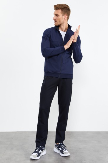 Men's Stand Collar Standard Fit Indigo-Navy Blue Tracksuit - 85152 - TOMMYLIFE (1)