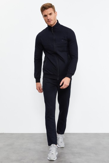 Men's Stand Collar Standard Fit Navy Blue Tracksuit - 85152 